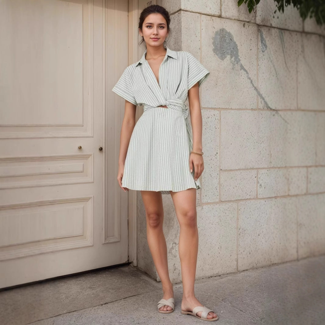 Holiday Striped Lace up Dress Polo Collar Casual Short Sleeve Cross Hollow Out Cutout Short Dress by Ragazza