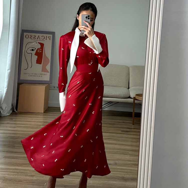 Spring Autumn French Design Printed Satin Dress Women Clothing Elegant Waist Tight Dress by Ragazza