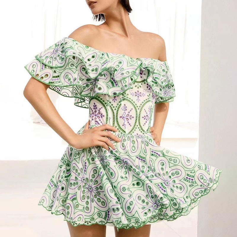 Summer Off Shoulder Lotus Leaf Embroidered Waist Slimming Vacation Dress Slim Fit Slimming Dress by Ragazza