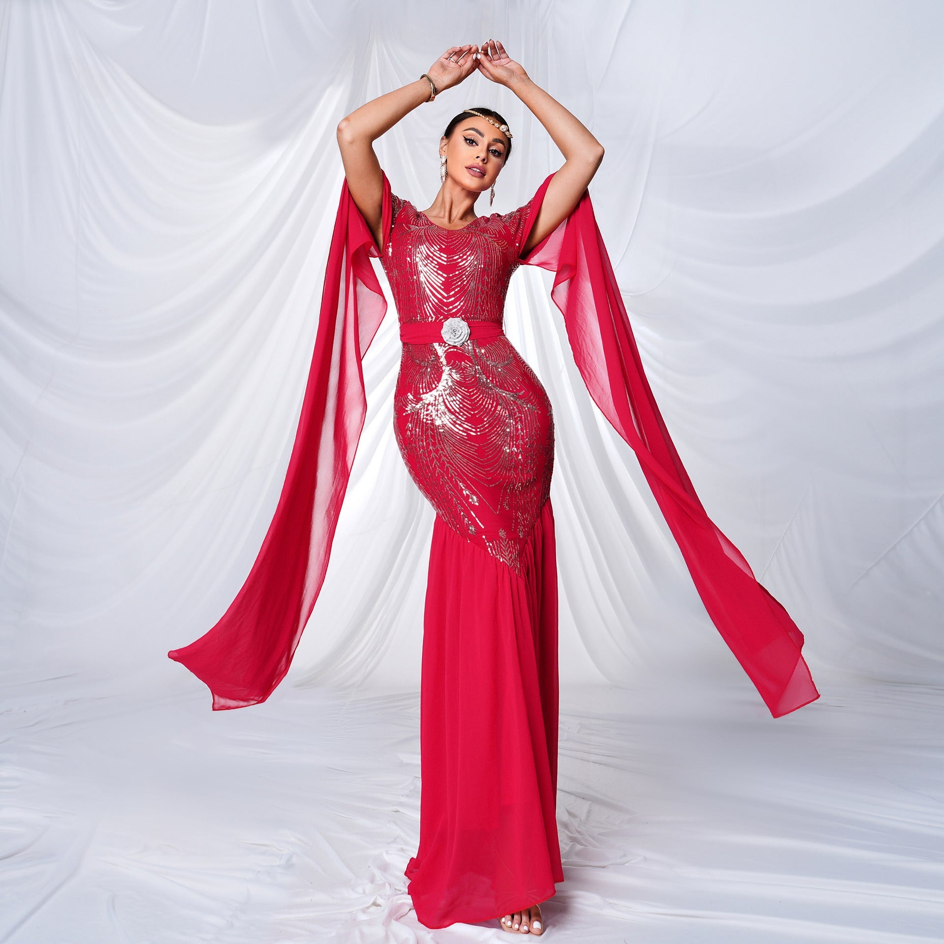 Women Clothing High End Long Sleeved round Neck Sequ Slim Fit Sheath Cocktail Fishtail Evening Dress by Ragazza