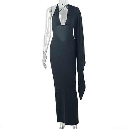 Solid Color Backless Sexy Women Clothing Asymmetric Hip V neck Long Sleeve Party Dress  DestGlow