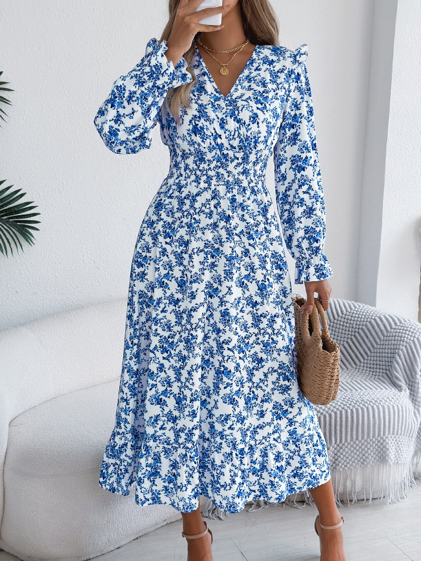 Autumn Winter Elegant Floral Cross V neck Waist Trimming Ruffles Maxi Dress Women Clothing by Ragazza