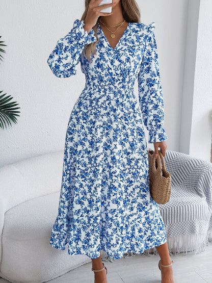 Autumn Winter Elegant Floral Cross V neck Waist Trimming Ruffles Maxi Dress Women Clothing by Ragazza