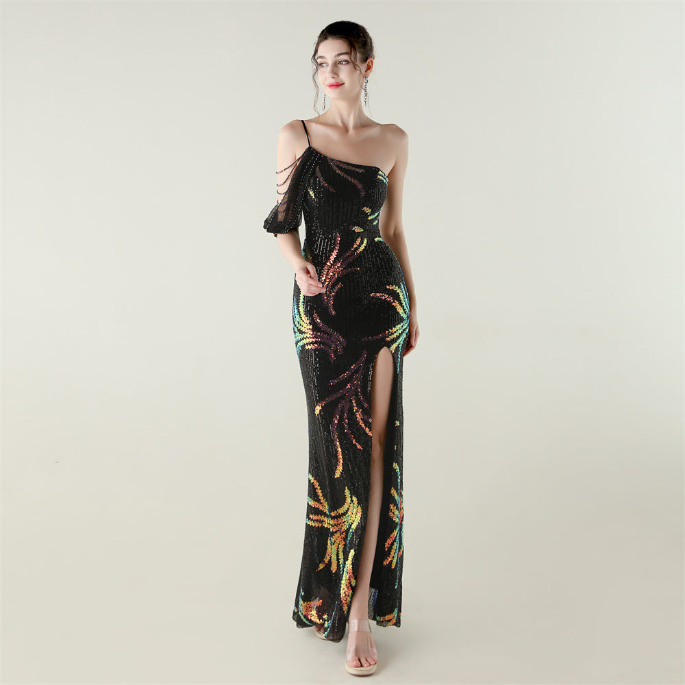 Sequin Mesh Craft Beaded Evening Dress off the Shoulder High Slit Fishtail Dress Swing Cocktail Social Socialite by Ragazza