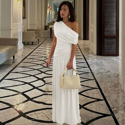 Women Clothing Spring Arrival Fashionable Sexy Diagonal Collar Pleated Asymmetrical Solid Color Dress  DestGlow