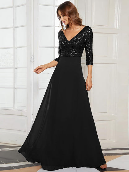 Middle East Women Chiffon Double V neck Dress A line Large Hem Sequin Stitching Evening Dress by Ragazza