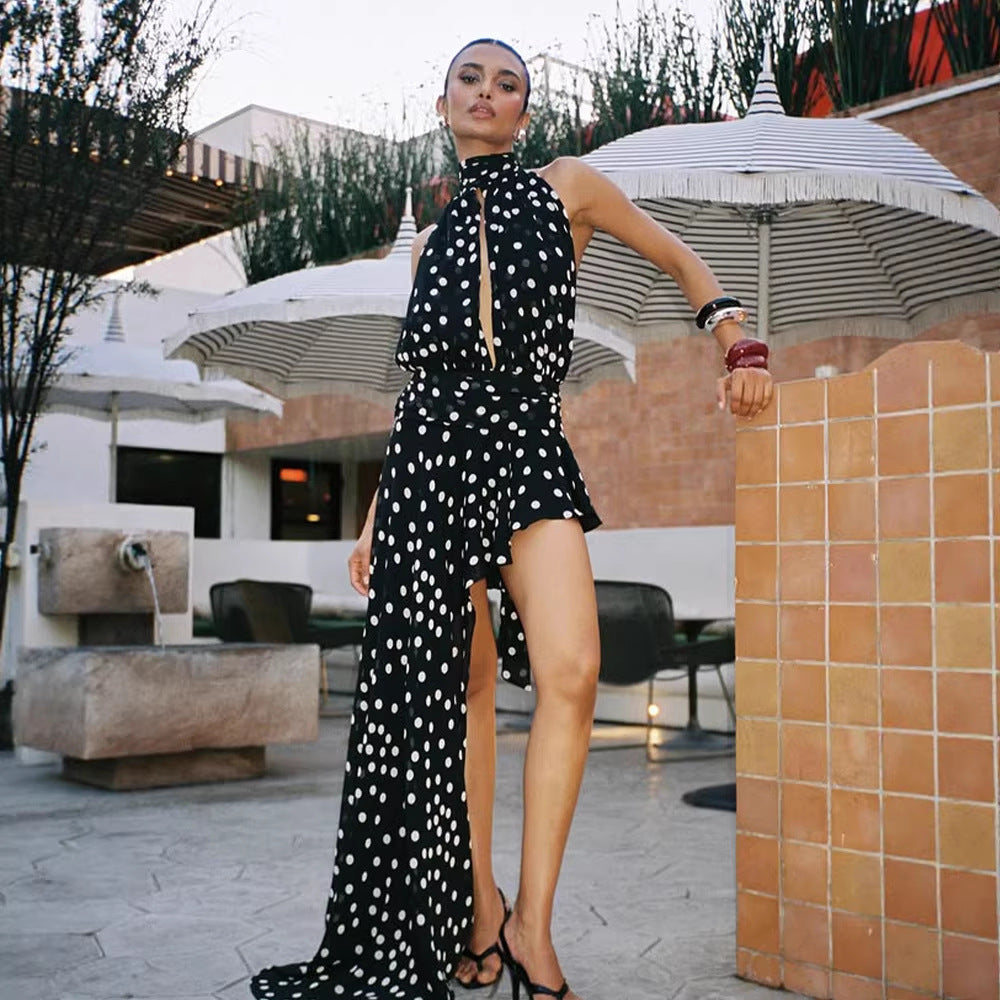 Summer Women Wear Sleeveless Halter Chest Hollow Out Cutout out All Match Polka Dot Irregular Asymmetric Mop Dress Waist Tight Dress by Ragazza