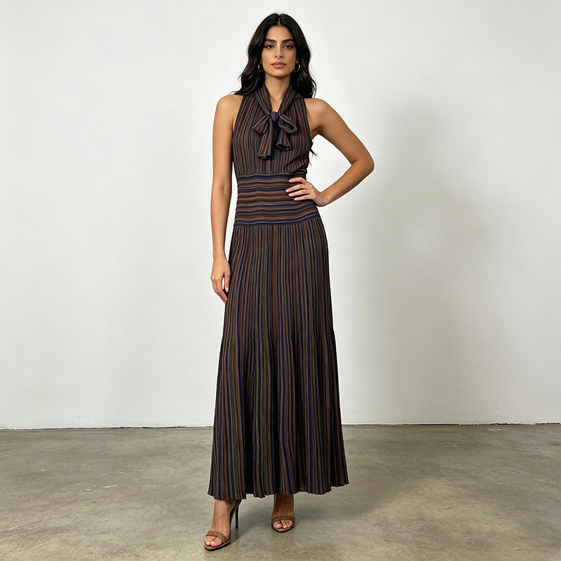 Artistic Retro Contrast Color Striped Dress Sleeveless Halter Collar Fitted High Waist Slimming Dress  DestGlow