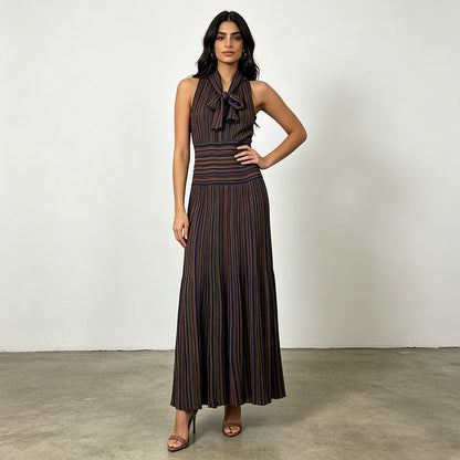 Artistic Retro Contrast Color Striped Dress Sleeveless Halter Collar Fitted High Waist Slimming Dress  DestGlow