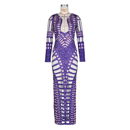 Women Clothing Sexy Ripped Skinny Sheath Dress Rhinestone Printed Dress by Ragazza