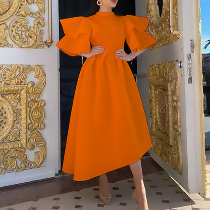 Women Wear Summer Double Layer Ruffle Sleeve Solid Color Wide Hem Dress outside by Ragazza