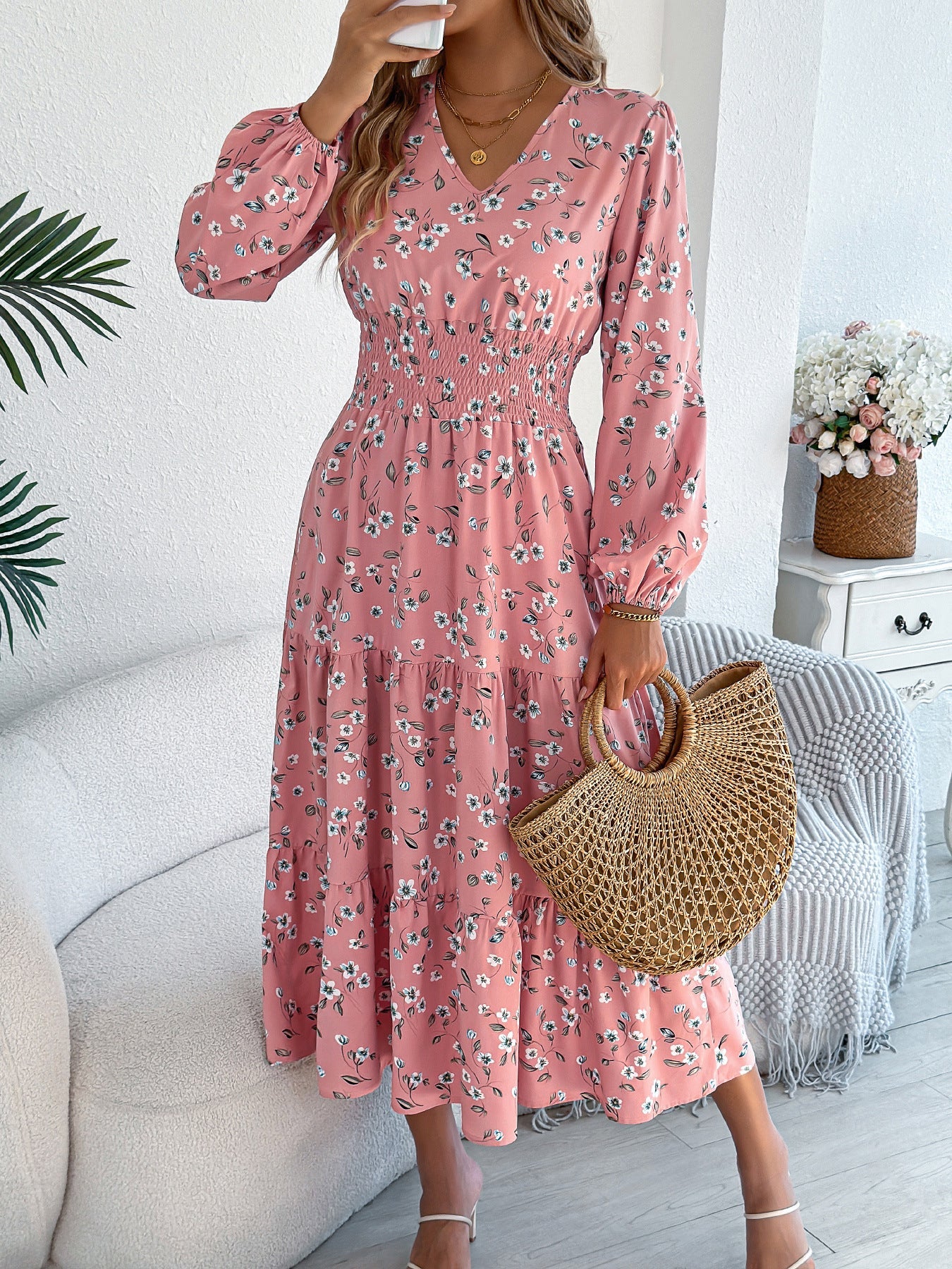 Autumn Winter Elegant Floral V neck Long Sleeve Waist Trimming Ruffles A line Women Clothing by Ragazza