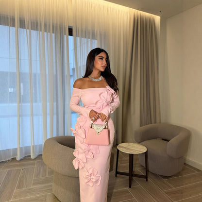 Spring Summer Middle East Elegant Sexy Sheath Three Dimensional Floral off Shoulder Long Sleeve Dress by Ragazza