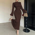 Sexy Minimalist Dress Slim Fit Wild Bell Sleeve Half Turtleneck Sheath Dress by Ragazza
