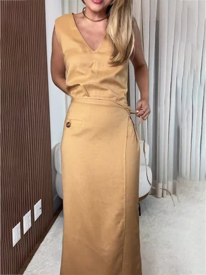 V Neck Sleeveless Irregular Asymmetric Lace Up Slim Dress Faux Two Piece Split Women Clothing by Ragazza