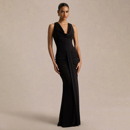 Women Clothing Sexy V neck Slim Fit Pleated Design High Sense Elegant Evening Dress by Ragazza