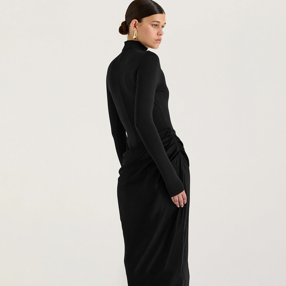 Summer Half High Collar Long Sleeves Dress Sexy Slim Fit Faux Two Piece Solid Color Dress by Ragazza