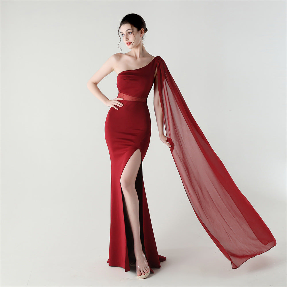 Single Shoulder Crossbody Stitching Mesh Design Satin Slim Cocktail Dress Evening Dress by Ragazza