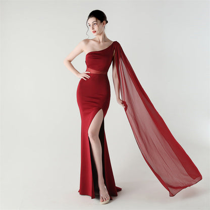 Single Shoulder Crossbody Stitching Mesh Design Satin Slim Cocktail Dress Evening Dress by Ragazza