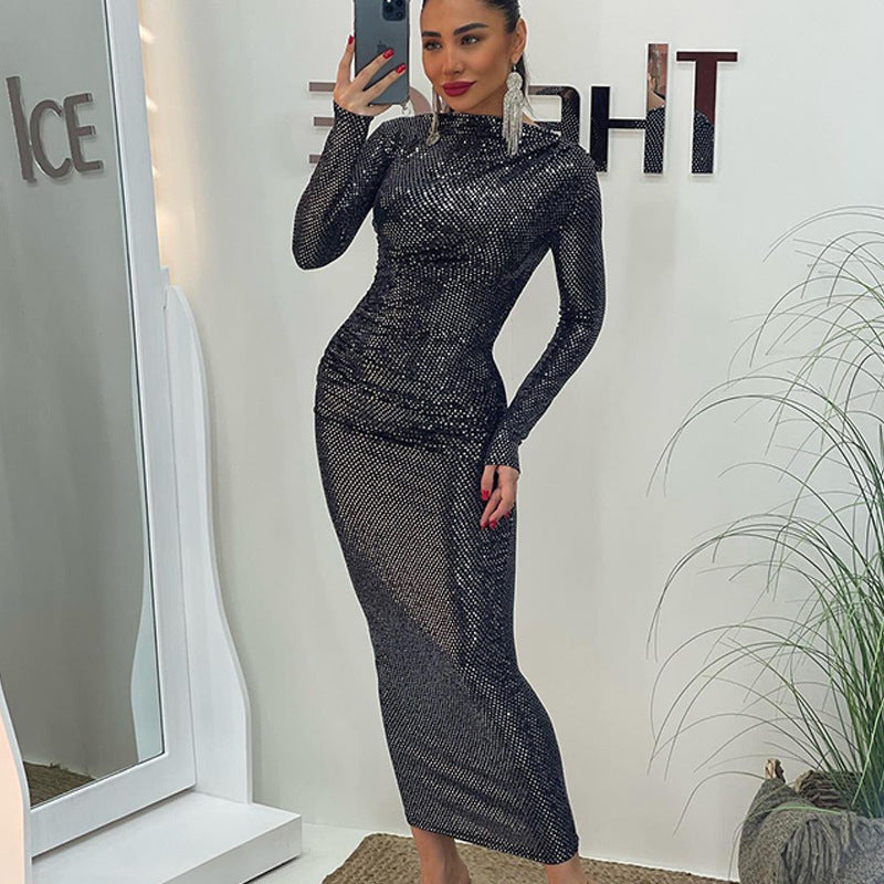 Women Sequin Design Slim Fit Graceful Tight Sexy Long Sleeve Narrow Dress Women by Ragazza