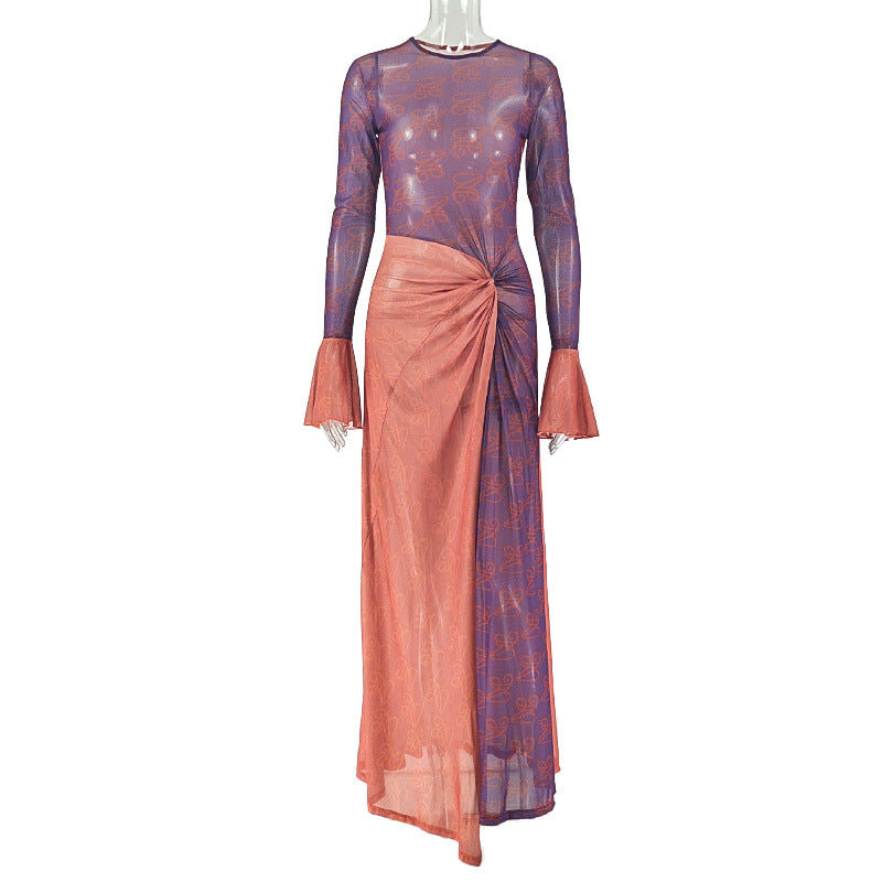 Summer Slim Fit Women Clothing Lightweight Slightly Transparent Sheath Asymmetric Dress round Neck Pleated Long Sleeve Dress by Ragazza