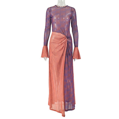Summer Slim Fit Women Clothing Lightweight Slightly Transparent Sheath Asymmetric Dress round Neck Pleated Long Sleeve Dress by Ragazza