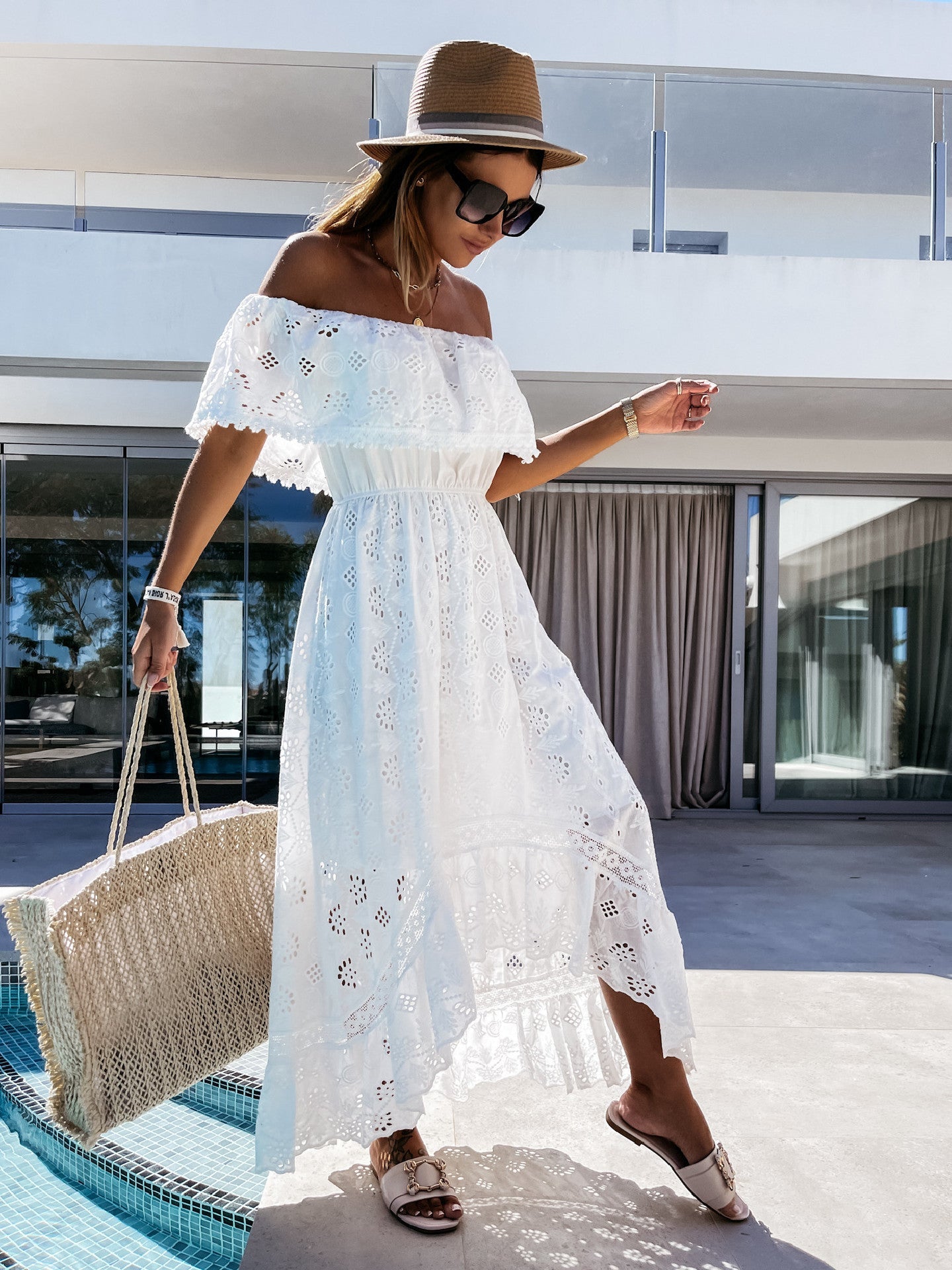 Bohemian Lace Dress White Beach Dress Tube Top off-Shoulder Sexy Dress for Women Eyelet Embroidery by Ragazza