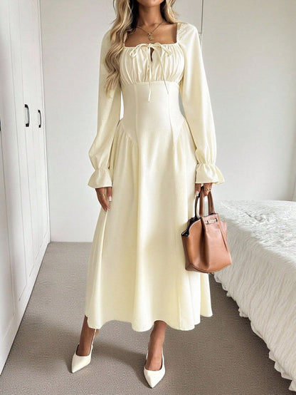 Women Clothing Gentle Square Collar Lace up Long Sleeve Dress Pleated Waist Tight Slimming A line Big Hem Dress by Ragazza