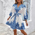 Women Clothing Summer Printed V neck Three Quarter Sleeve Lace up Waist Dress by Ragazza