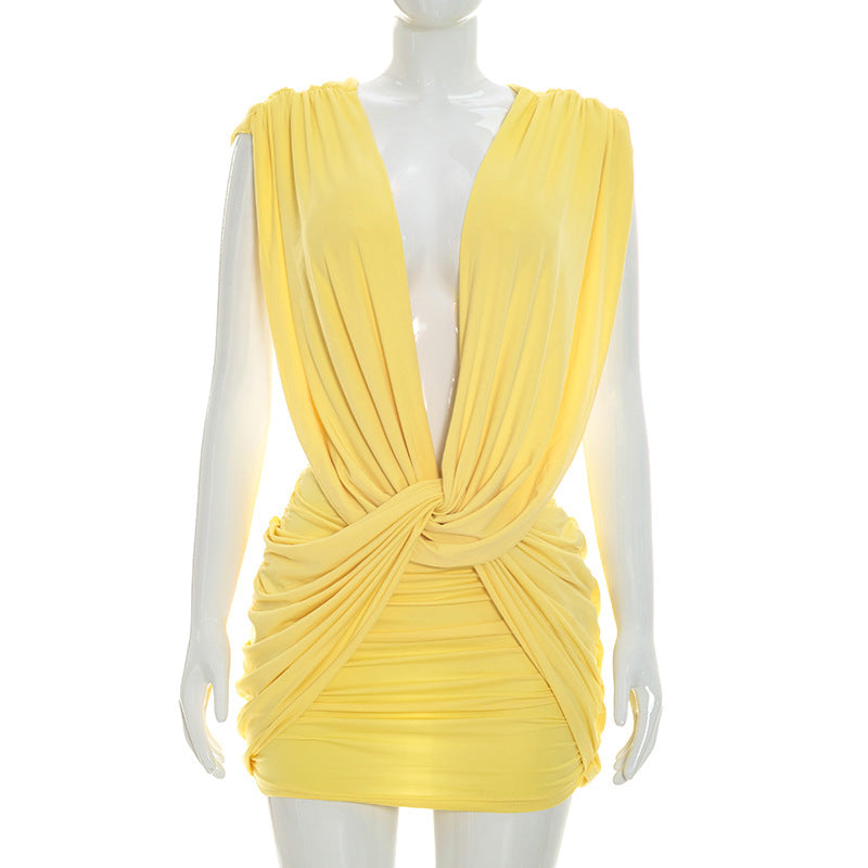 Women Clothing Summer Solid Color Casual Cross Twist Sleeveless Pleated Slim Short Dress  DestGlow