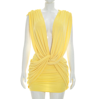 Women Clothing Summer Solid Color Casual Cross Twist Sleeveless Pleated Slim Short Dress  DestGlow