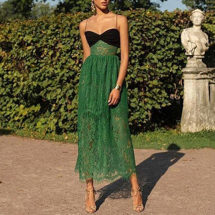 Women Clothing Sexy Suspenders Lace Green Hollow Out Cutout Holiday Mopping Maxi Dress by Ragazza