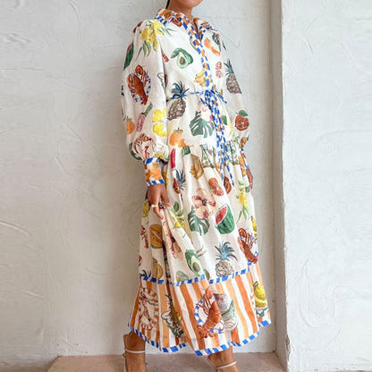 Women Elegant Lantern Sleeve Printed Long Collared Waist Tight Long Sleeve Dress Women by Ragazza
