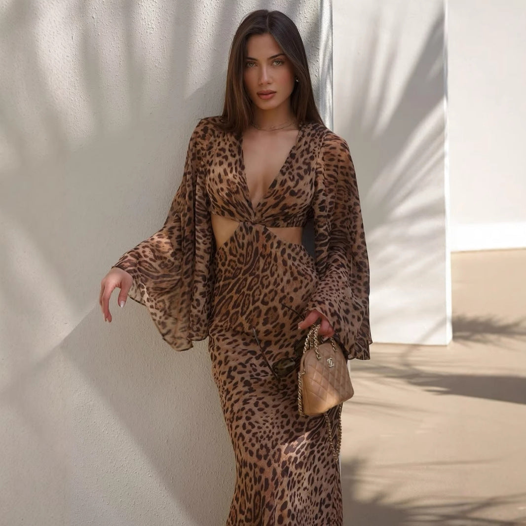 Women Clothing Summer Sexy Leopard Print Lace up Deep V Plunge neck Hollow Out Cutout out Long Sleeve Dress Sexy by Ragazza