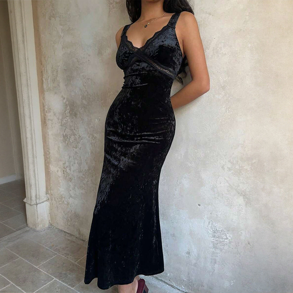 French Romantic Velvet Lace V neck Patchwork Sleeveless Dress Slim Fit Sheath Fishtail Dress Inner Wear by Ragazza