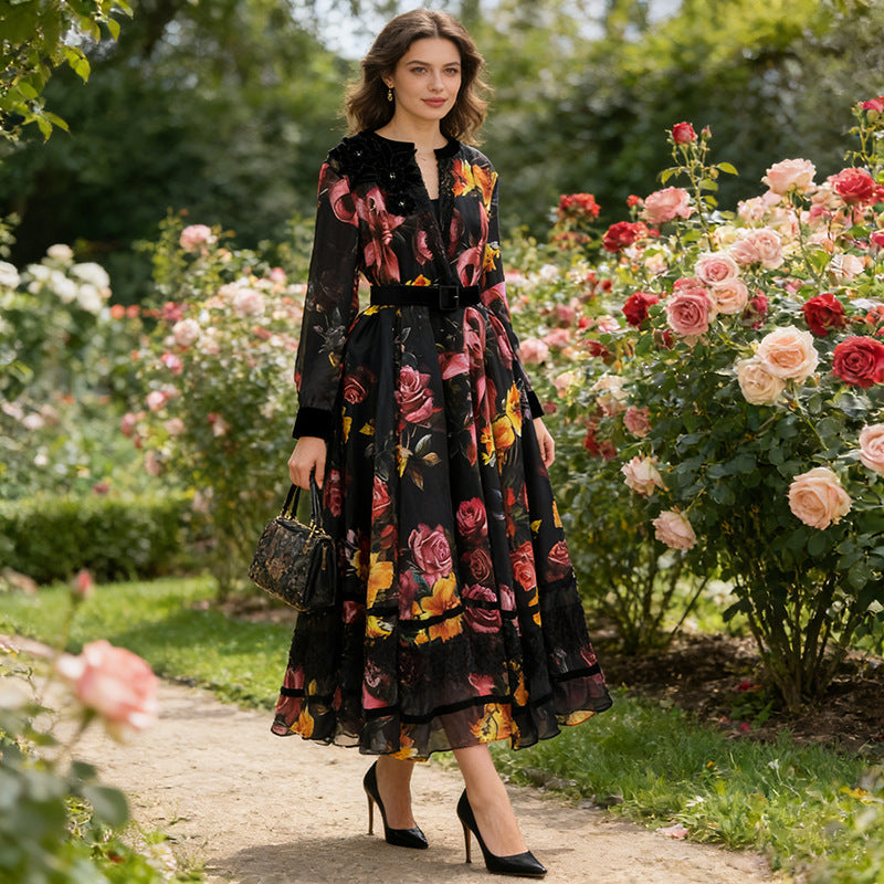 Spring High Grade Printed V neck Dress Tight Waist Slimming Flared Sleeves Stitching Lace Dress Women by Ragazza