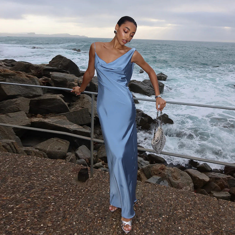 Sling Pockets Collar Sexy Backless Satin Formal Dress Elegant Evening Dress  DestGlow