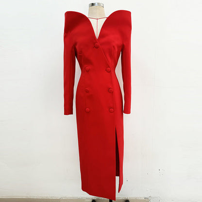 Autumn Winter Star Personality Design Stand up Collar Slim Fit Long Trench Coat Dress by Ragazza