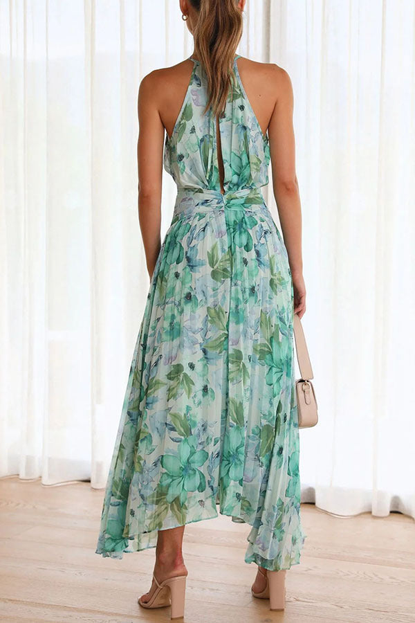 Summer Women Halter Sleeveless V Neck Printed Large Swing Maxi Dress by Ragazza