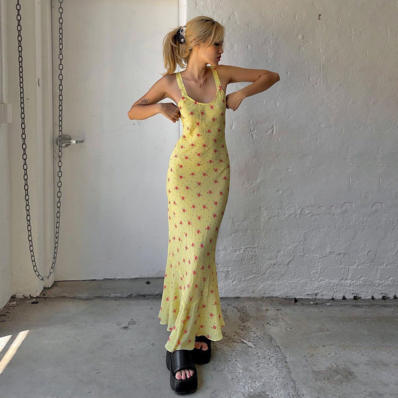 Summer Vacation Long Small Floral Strap Dress Women Wear by Ragazza