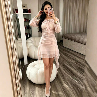 Woman Hip Women Autumn Winter Square Collar Bell Sleeve Small Mesh Seethrough  DestGlow