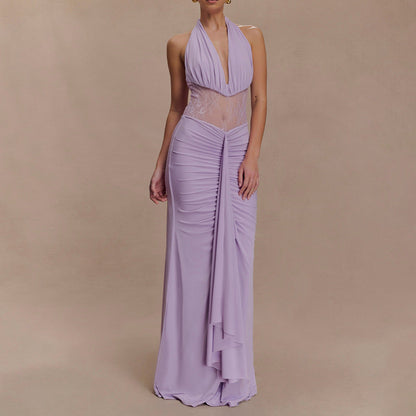 Elegant Deep V Plunge Halter Waist Slimming Maxi Dress Sexy Hollow Out Cutout out Backless Ribbon Dress by Ragazza