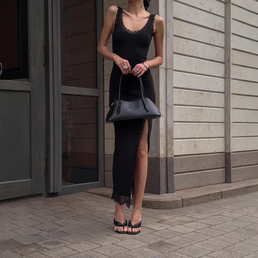Summer Black Sexy Elegant Lace Slim Fit Patchwork Split Vest Dress Women by Ragazza