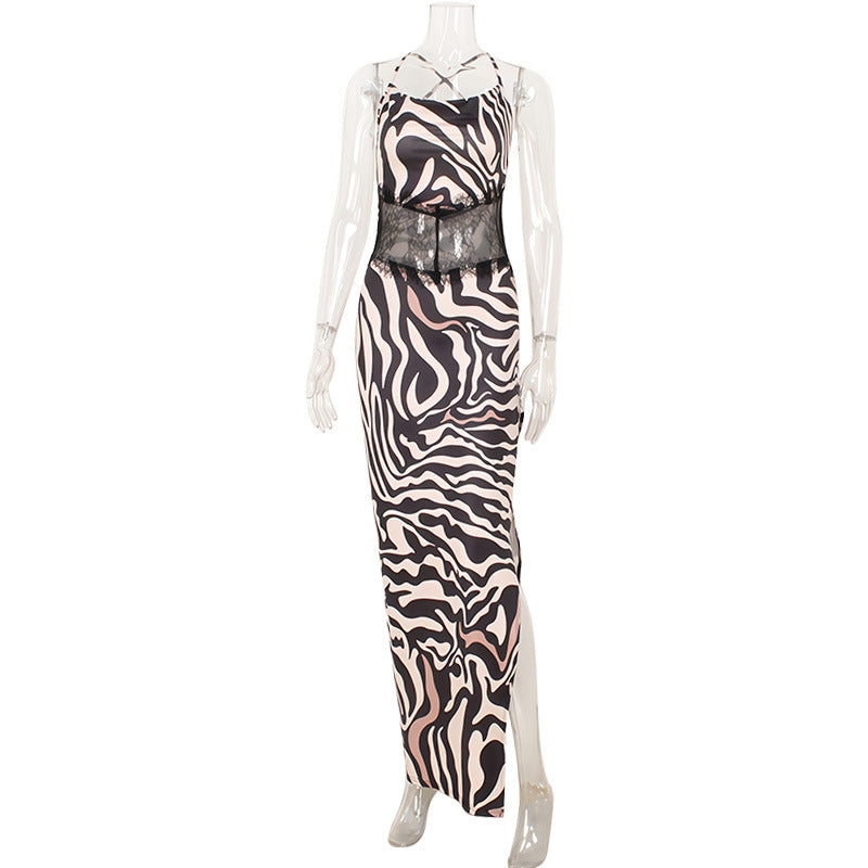Summer Tiger Pattern Bare Back Mesh Splicing Sling Dress High Slit Beach Vacation Dress by Ragazza