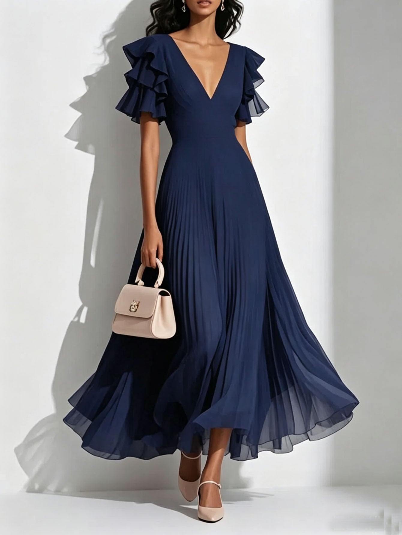 V neck Flounce Pleated Dress Women Elegant Graceful Waist Controlled Large Hem Dress  DestGlow