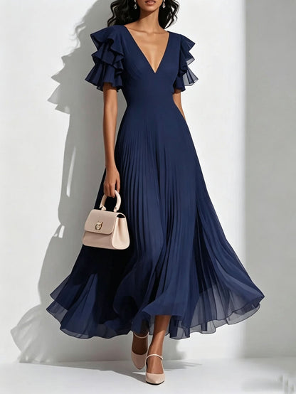 V neck Flounce Pleated Dress Women Elegant Graceful Waist Controlled Large Hem Dress  DestGlow
