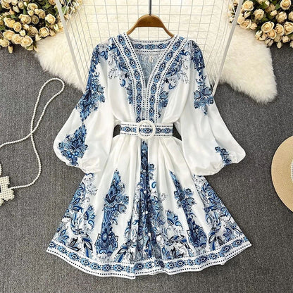Spring Women Fashionable V neck Long Sleeve Bohemian Printed Dress by Ragazza