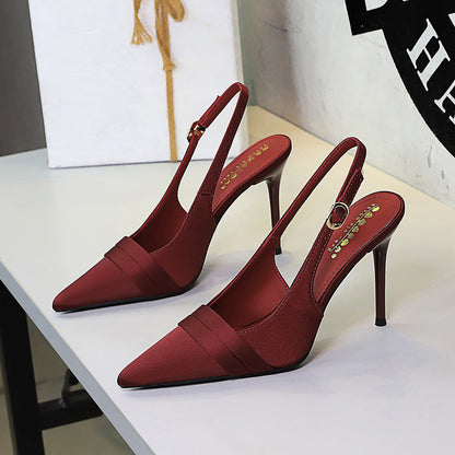 French Satin Women Stiletto Heel High Heel Shoes Pointed Toe Shallow Mouth Back Empty Ankle Strap Buckle Cocktail Shoes Women  DestGlow