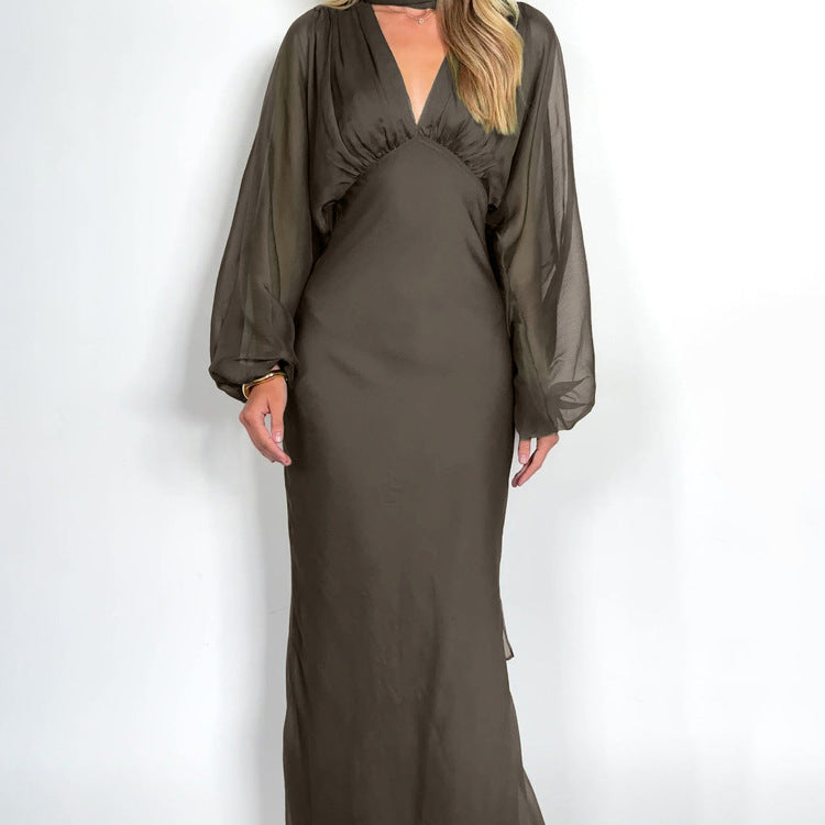 Elegant Women Clothing Autumn Design Pleated Dress Fashionable Scarf V neck Long Sleeve Narrow Maxi Dress by Ragazza