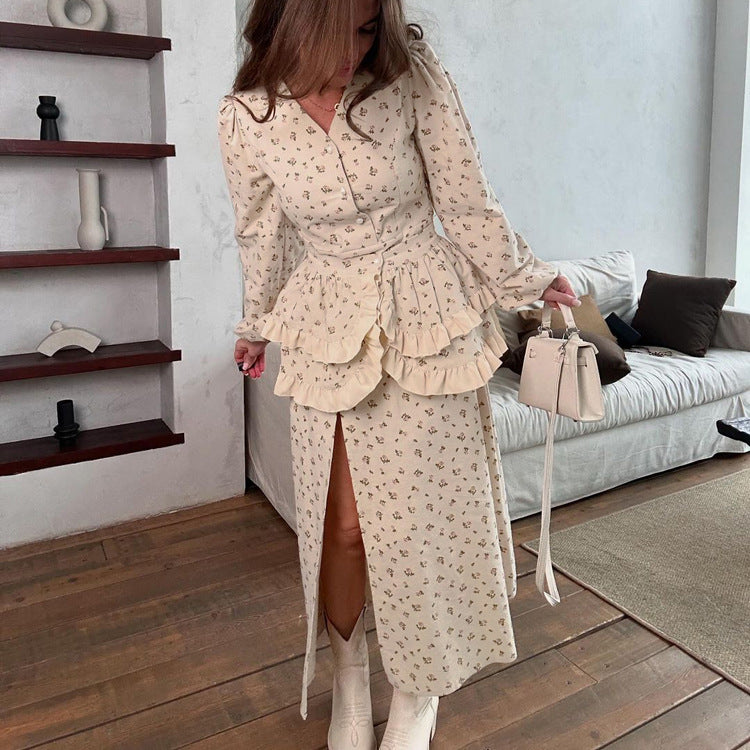 French Design Ruffled Waist Seal Printed V neck Puff Sleeve Elegant Split Dress Women Clothing by Ragazza